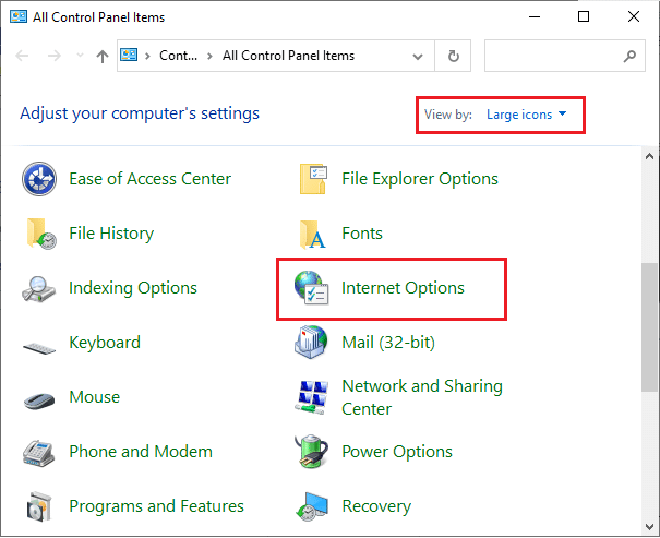 Luego, configure la opción Ver por: en Iconos grandes y haga clic en Opciones de Internet. Arreglar Zoom no se puede conectar el código de error 5003