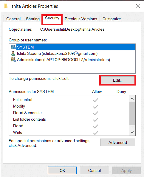 보안 탭으로 이동하여 편집을 클릭합니다. Windows 10에서 파일 권한을 변경하는 방법