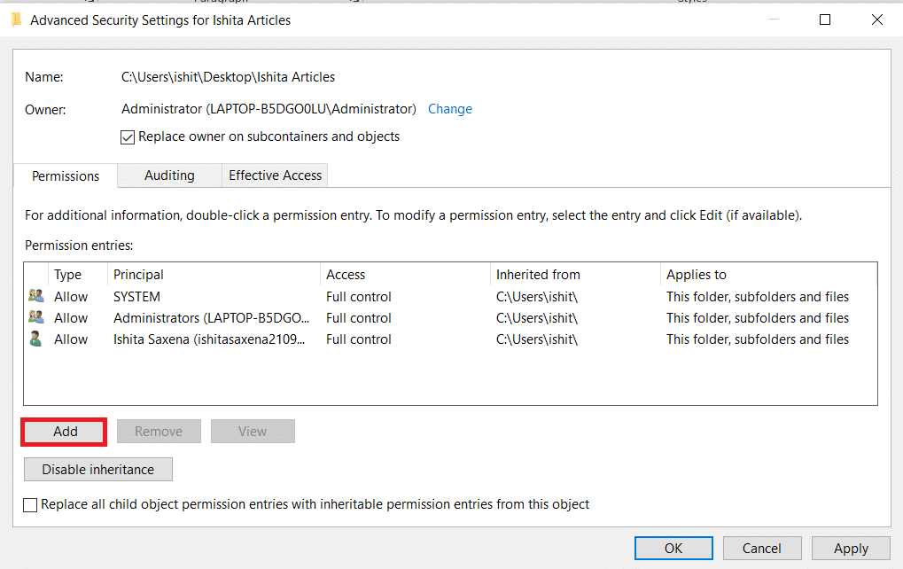 Fenêtre Paramètres de sécurité avancés. Comment modifier les autorisations de fichiers dans Windows 10