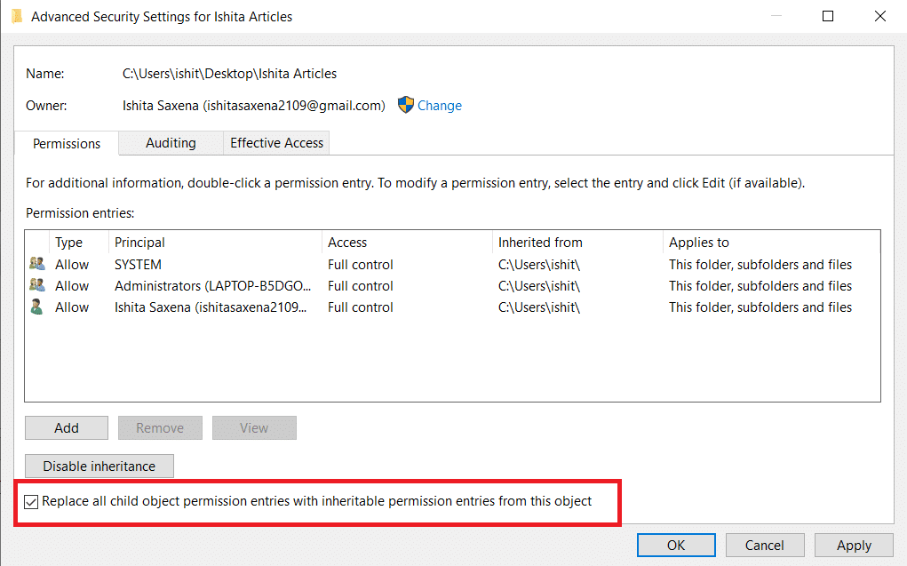 Ventana de configuración de seguridad avanzada. Cómo cambiar los permisos de archivo en Windows 10