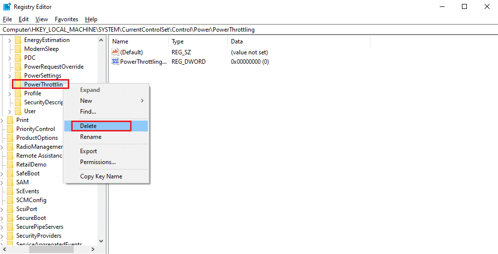 PowerフォルダでPowerThrottlingキーを見つけて、右クリックします。次に、[削除]オプションを選択して、電源調整を有効にします。ラップトップの熱スロットリングを修正する