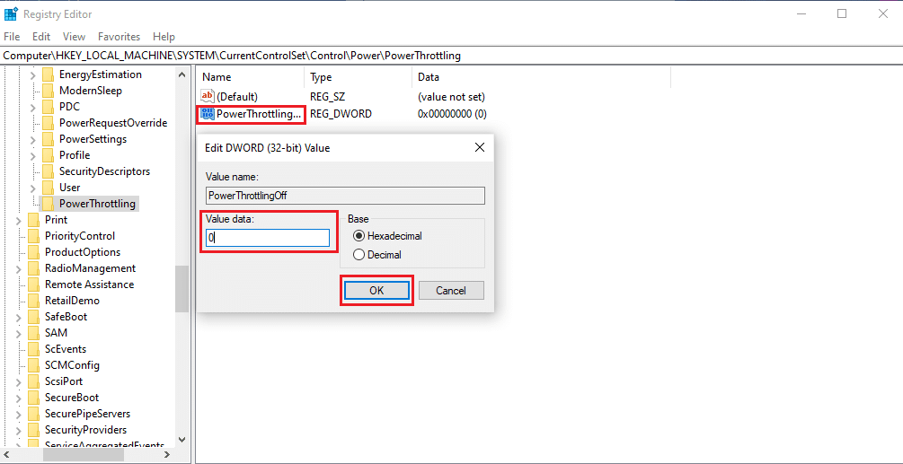 ดับเบิลคลิกที่สตริง PowerThrottlingoff ตั้งค่าข้อมูลค่าเป็น 1 จาก 0 และคลิกตกลงเพื่อสิ้นสุดการเปลี่ยนแปลง