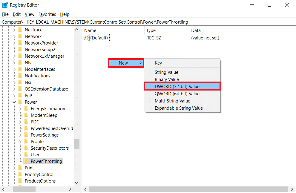 Haga clic derecho en el área vacía en el panel derecho. Seleccione Nuevo y luego Valor DWORD de 32 bits. Arreglar la aceleración térmica de la computadora portátil