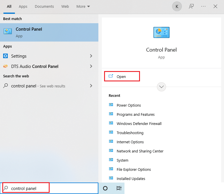 Ketik Control Panel pada bilah pencarian Windows dan pilih Open