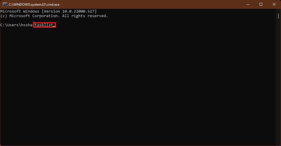 Geben Sie tasklist in das Eingabeaufforderungsfenster ein und drücken Sie die Eingabetaste auf der Tastatur, um es auszuführen.