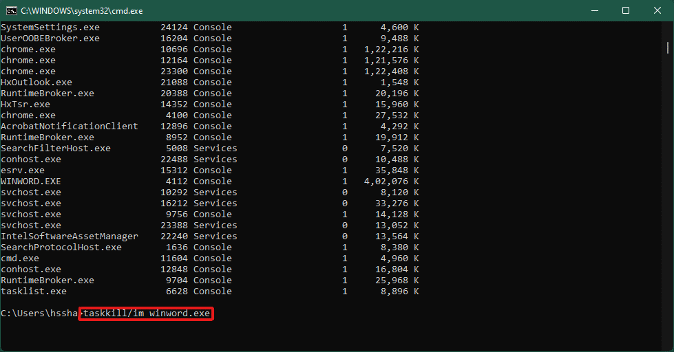 Di bagian bawah daftar ini, ketik taskkill/im winword.exe dan tekan tombol Enter untuk menjalankan perintah.