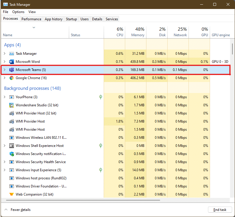 Wybierz zamrożoną aplikację lub zadanie w zakładce Procesy. | jak wymusić zamknięcie programu w systemie Windows 11