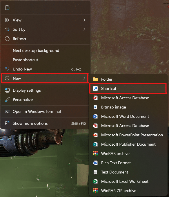 Klik kanan di mana saja di ruang kosong di desktop, dan klik opsi Baru. Kemudian, klik opsi Pintasan untuk membuat pintasan desktop yang disesuaikan | cara memaksa keluar dari program di Windows 11