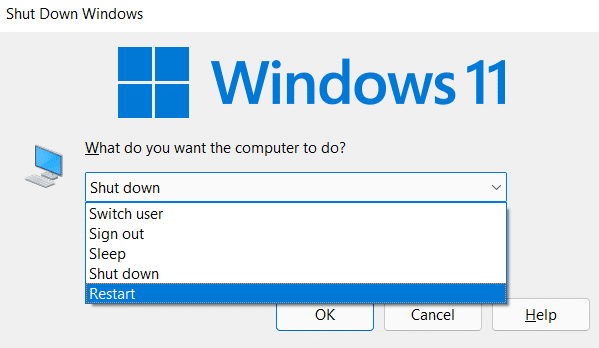 Wählen Sie die Option Neustart und klicken Sie auf die Option OK. | So erzwingen Sie das Beenden eines Programms unter Windows 11