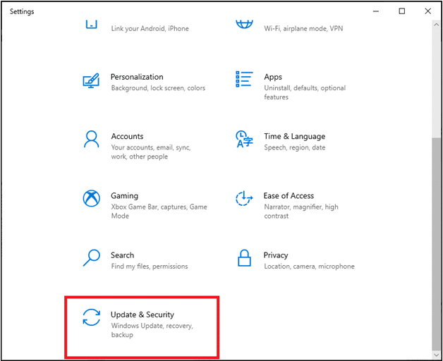 Va apărea ecranul Setări Windows. Selectați Actualizare și securitate. Remediați eroarea Windows 10 Update 0x8007000d