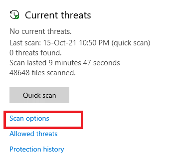 Options de numérisation en surbrillance. Correction de l'erreur 0x8007000d de la mise à jour Windows 10