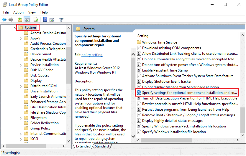 Der Systemordner ist geöffnet und Einstellungen für optionale Komponenteninstallation und Komponentenreparatur festlegen ist markiert.