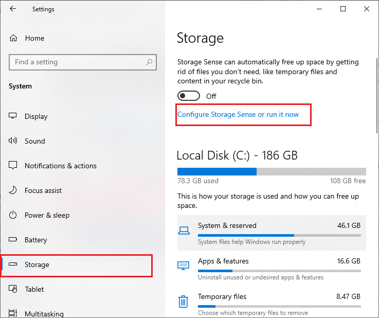 Registerkarte Speicher. Beheben Sie den Windows 10 Update 0x8007000d-Fehler