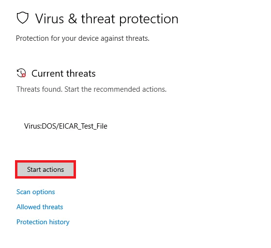 Fenêtre qui apparaît si des menaces sont détectées. Correction de l'erreur 0x8007000d de la mise à jour Windows 10