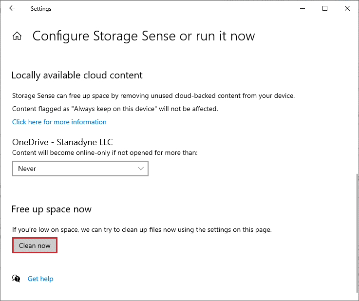 配置 Storage Sense 或立即运行它窗口。修复 Windows 10 更新 0x8007000d 错误