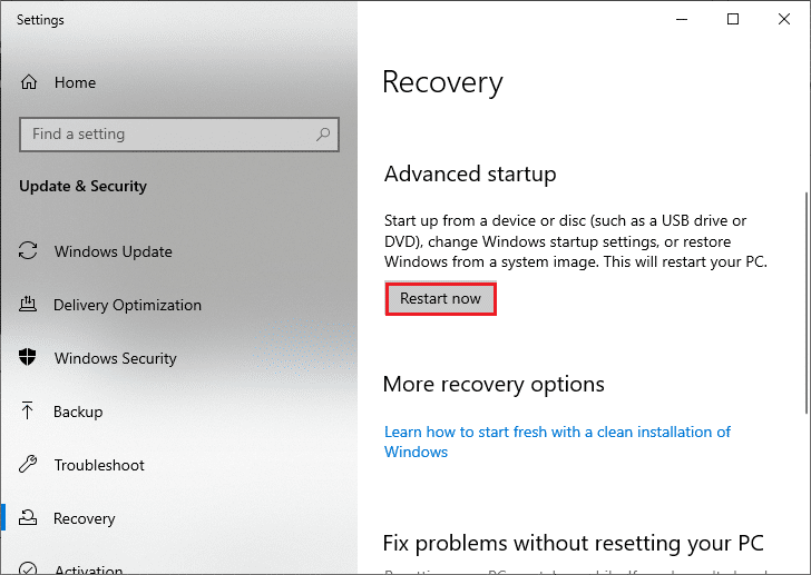 Fenêtre des paramètres de l'option de récupération. Correction de l'erreur 0x8007000d de la mise à jour Windows 10