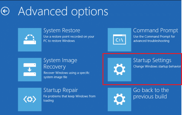 高级选项下的启动设置。修复 Windows 10 更新 0x8007000d 错误