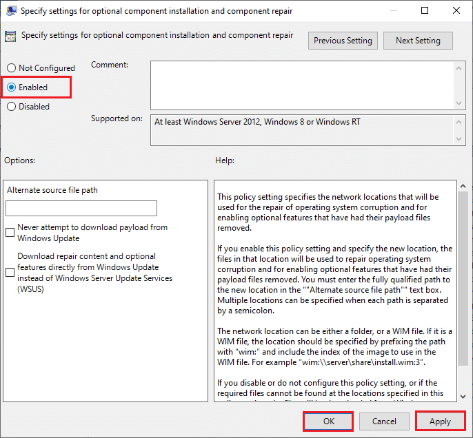 Especifique la configuración para la instalación de componentes opcionales y la ventana emergente de reparación de componentes. Solucionar el error de actualización de Windows 10 0x8007000d