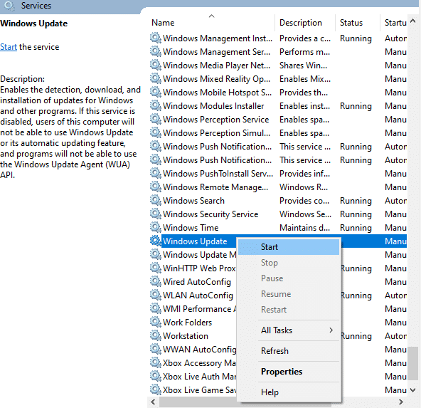 Actualización de Windows seleccionada en la ventana Servicios. Solucionar el error de actualización de Windows 10 0x8007000d