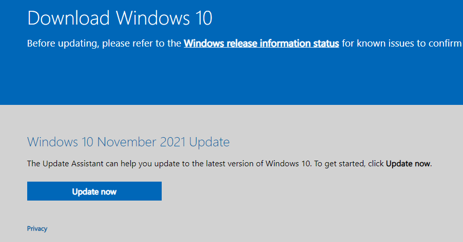 Windows 10 November 2021 Update-Webseitenansicht.