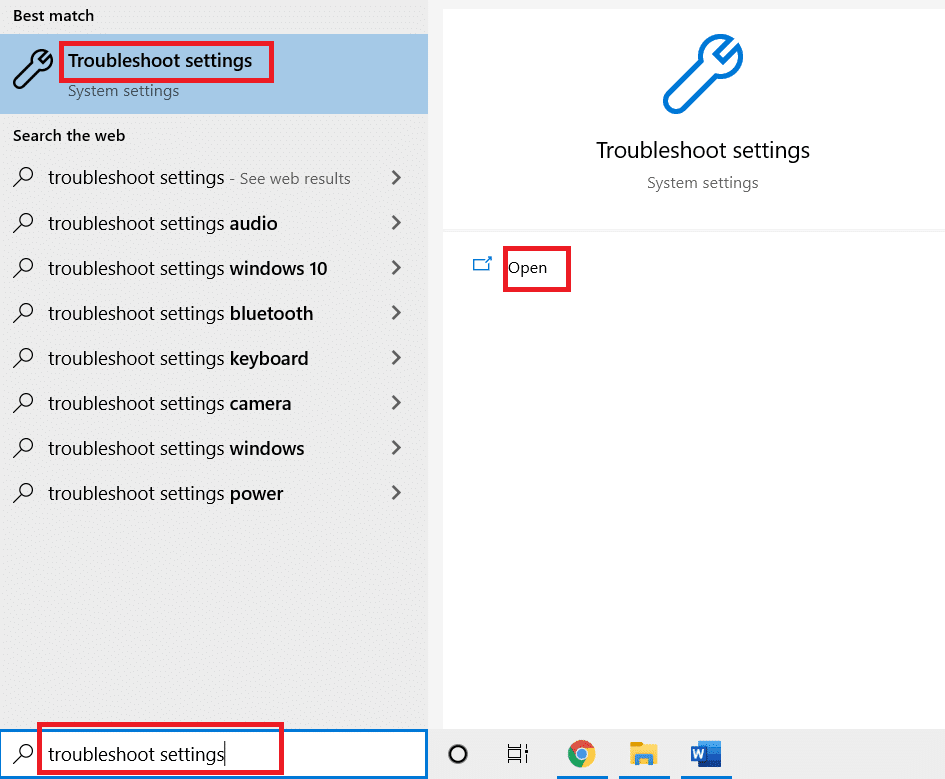 Clique em configurações de solução de problemas