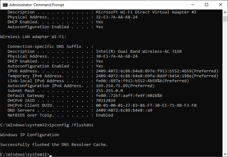 键入以下命令并按 Enter netsh winsock reset netsh int ip reset ipconfig release ipconfig renew