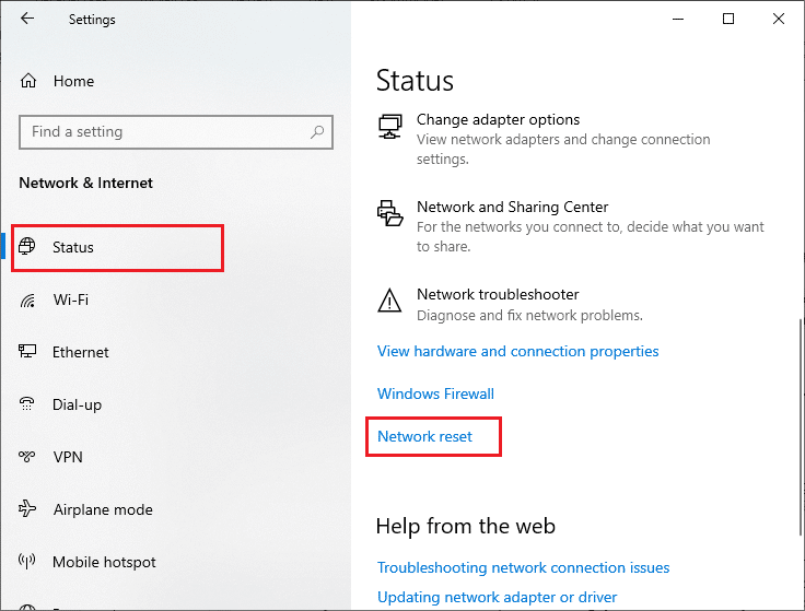 Cliquez sur la réinitialisation du réseau sous statut. Correction de l'erreur de connexion réseau 0x00028002