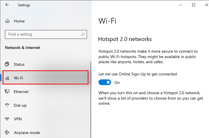 Maintenant, la fenêtre Paramètres apparaîtra à l'écran. Cliquez sur Wi-Fi dans le volet de gauche. Correction de l'erreur de connexion réseau 0x00028002