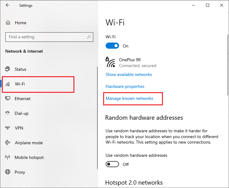 Acum, derulați în jos în meniul din dreapta, faceți clic pe Gestionați rețelele cunoscute