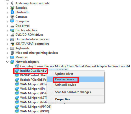 Haga clic derecho en el controlador de red y haga clic en desactivar. Solucionar error de conexión de red 0x00028002