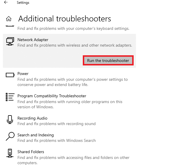 Agora, selecione Adaptador de rede e execute o solucionador de problemas