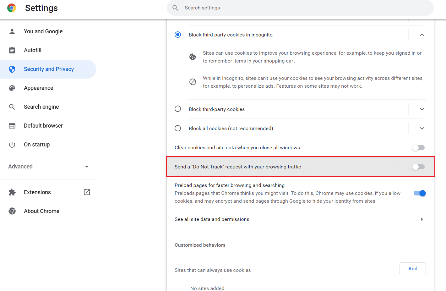 ปิดการส่งคำขอไม่ติดตามการเข้าชมของคุณในคุกกี้ความเป็นส่วนตัวของ Google Chrome และข้อมูลเว็บไซต์อื่น ๆ