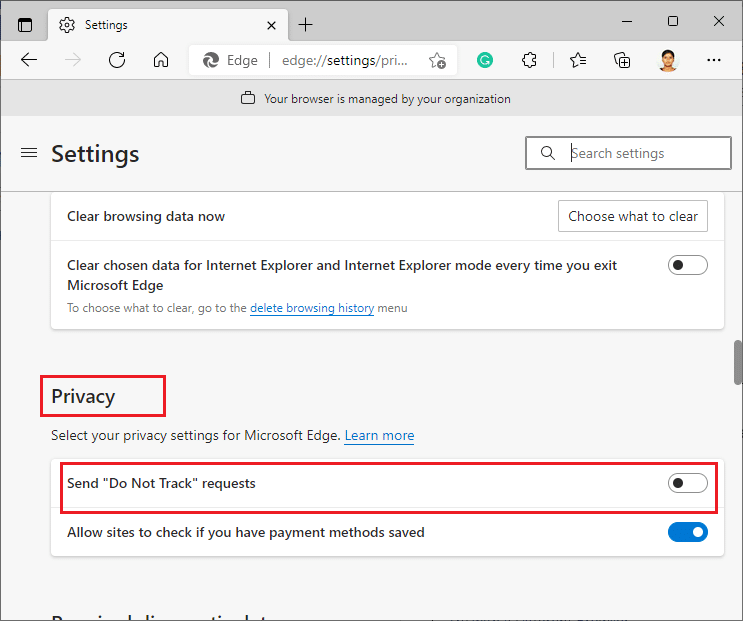 desplácese hacia abajo en la pantalla derecha y en el menú Privacidad, desactive la configuración Enviar solicitudes de No rastrear