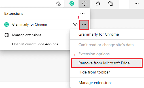 Wählen Sie die entsprechende Erweiterung aus und klicken Sie wie gezeigt auf das Symbol mit den drei Punkten. Wählen Sie nun die Option Von Microsoft Edge entfernen