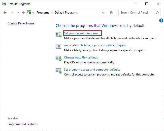 Ensuite, cliquez sur le lien Définir vos programmes par défaut. Comment changer Chrome comme navigateur par défaut