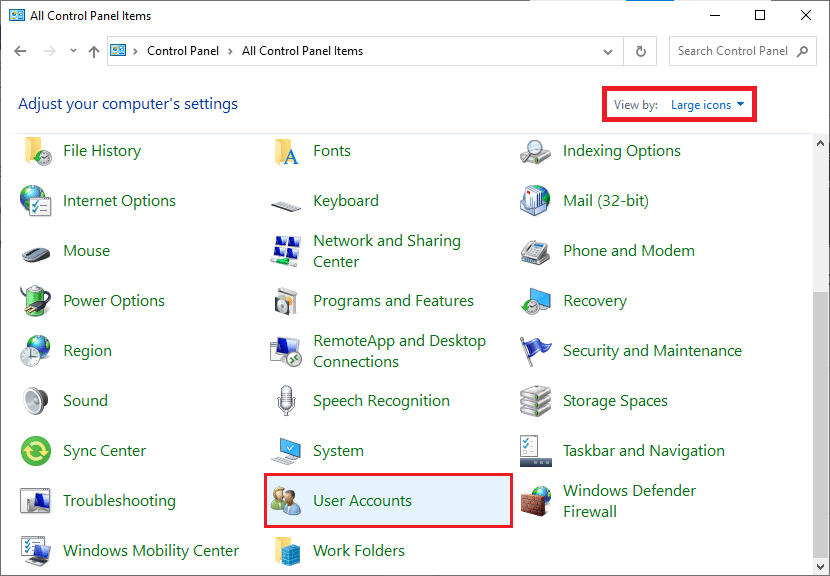 Defina Exibir por opção para Ícones grandes e clique em Contas de usuário. Como alterar o Chrome como navegador padrão