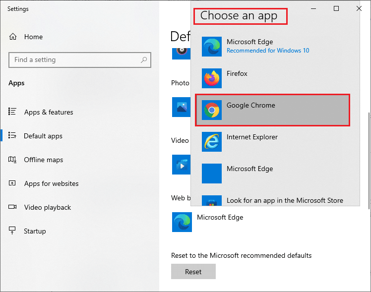 Acum, selectați Google Chrome din lista derulantă din meniul Alegeți o aplicație. Cum să schimbați Chrome ca browser implicit