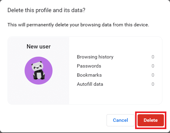 riceverai un messaggio visualizzato, Ciò cancellerà definitivamente i tuoi dati di navigazione da questo dispositivo. Procedi facendo clic su Elimina.