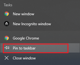 Luncurkan Chrome dan di Bilah Tugas Windows, klik kanan pada Chrome lalu pilih Sematkan ke bilah tugas