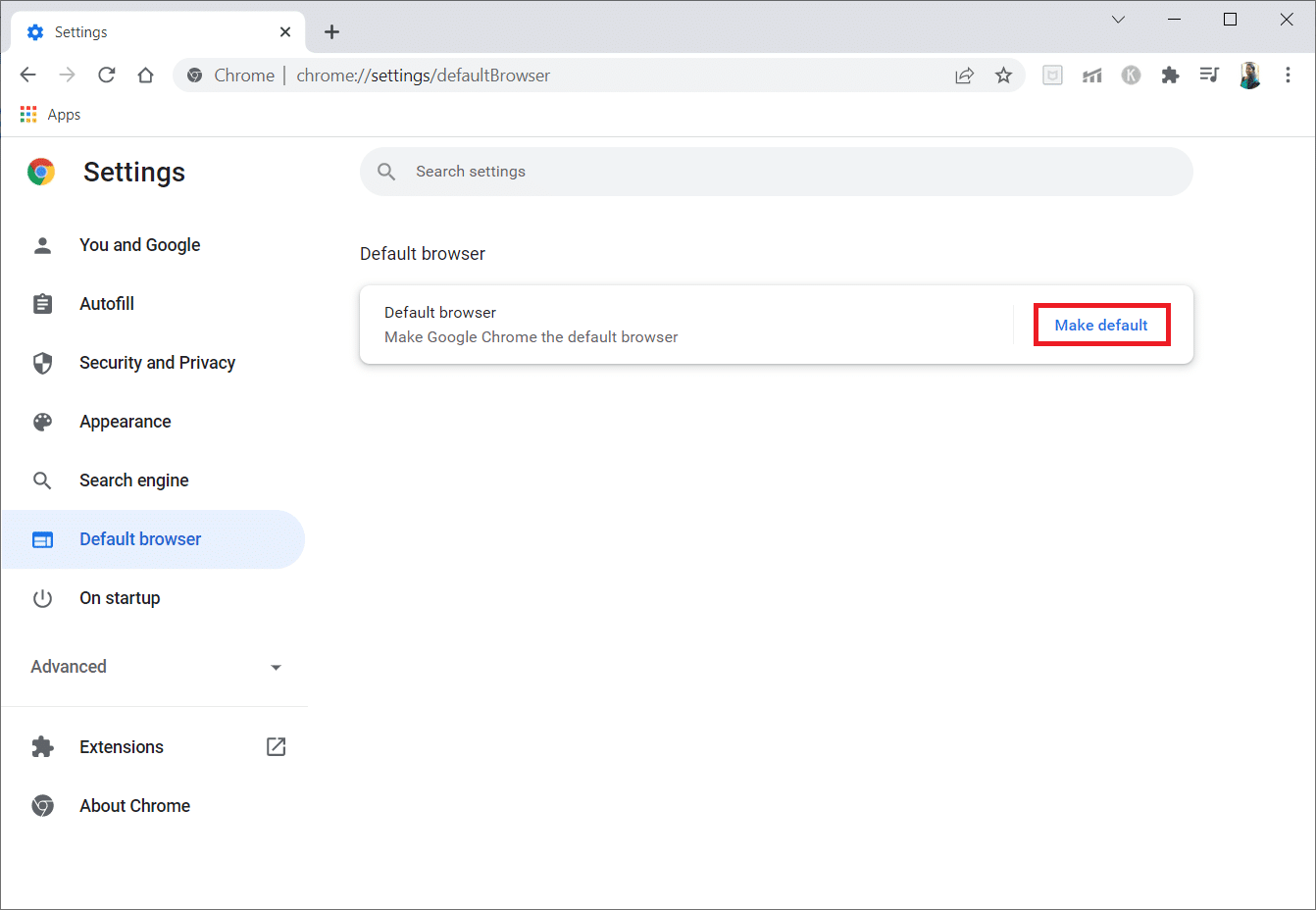 în panoul din dreapta, faceți clic pe butonul Setare implicită. Cum să schimbați Chrome ca browser implicit