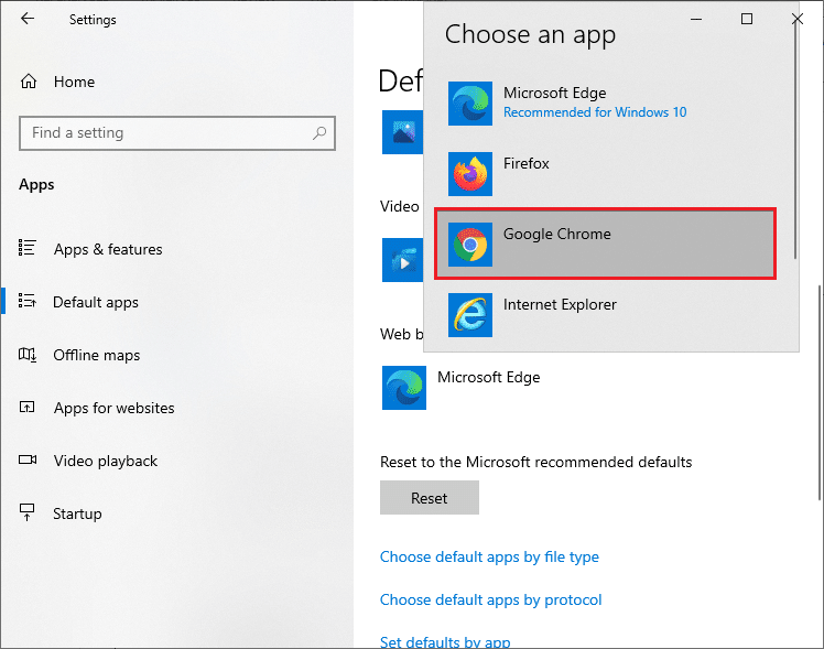 ثم ، انقر فوق اسم المتصفح الخاص بك ، متبوعًا بـ Google Chrome في القائمة المنبثقة اختر تطبيقًا. كيفية تغيير Chrome كمتصفح افتراضي