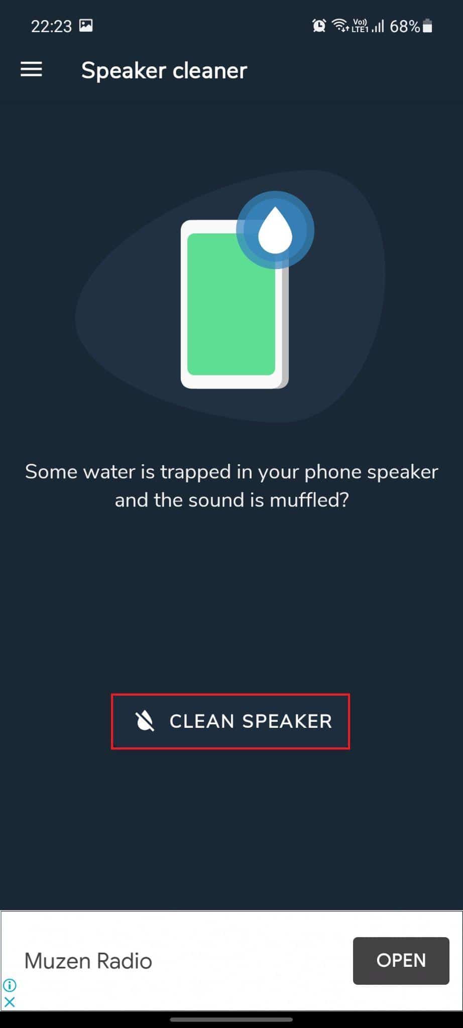 Detergente per altoparlanti - Rimuovi l'acqua e ripara l'app audio. L'opzione Pulisci altoparlante è evidenziata. Come riparare i danni causati dall'acqua all'altoparlante del telefono