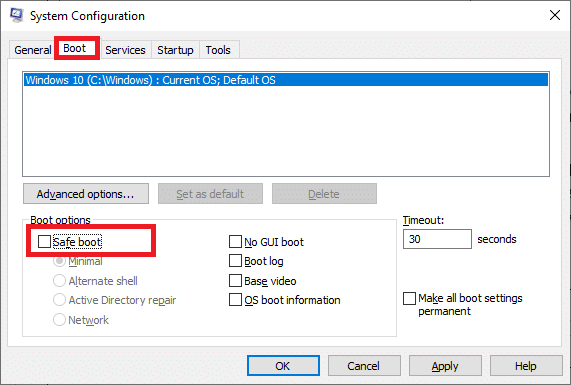 beralih ke tab Boot. centang kotak Safe boot di bawah opsi Boot dan klik OK