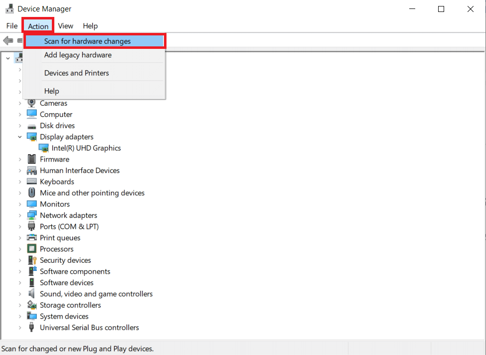 haga clic en el menú Acción y seleccione Buscar cambios de hardware