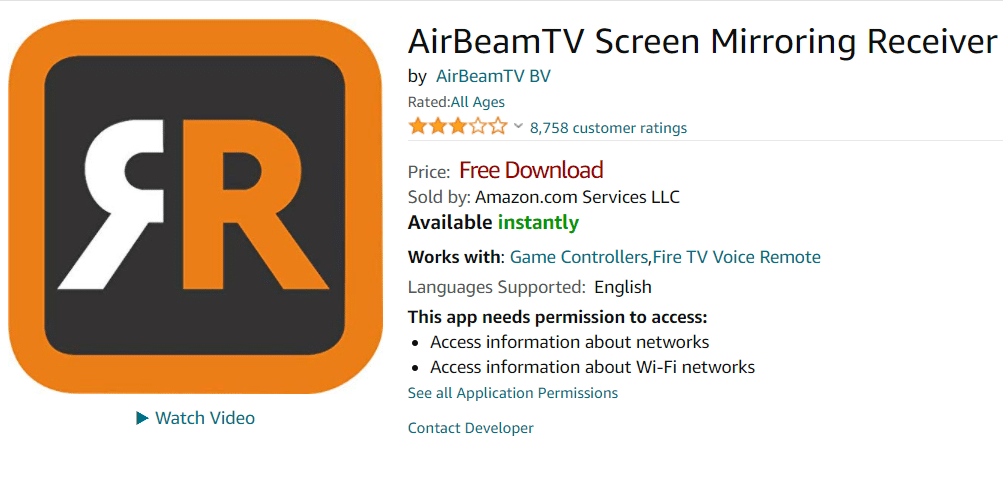 Air Beam TV-Bildschirm, der den Amazon Appstore spiegelt