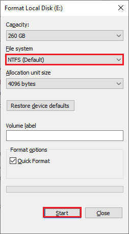 Maintenant, choisissez l'une des options FAT, FAT32, exFAT, NTFS ou ReFS pour le disque dur interne et FAT32 pour le disque dur externe.