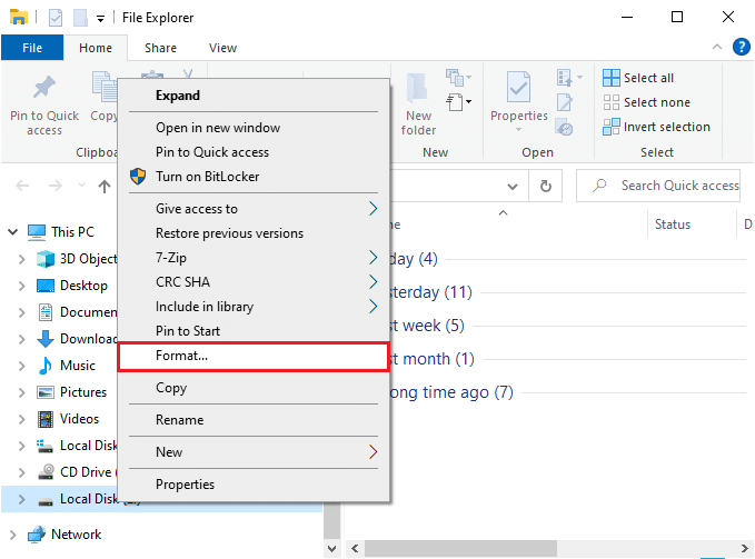 ตอนนี้ให้คลิกขวาที่ไดรฟ์แล้วเลือกตัวเลือกรูปแบบ วิธีแก้ไขพารามิเตอร์ไม่ถูกต้องใน Windows 10