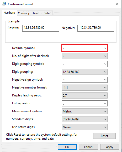 En la siguiente ventana, navegue hasta el campo Símbolo decimal y asegúrese de tener . de la lista disponible