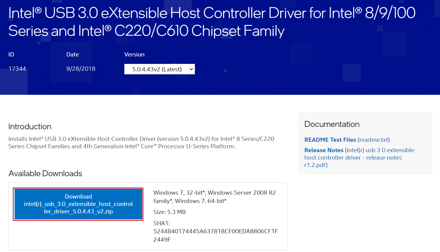 หน้าดาวน์โหลดอย่างเป็นทางการของ Intel USB 3.9 โฮสต์คอนโทรลเลอร์ที่ขยายได้