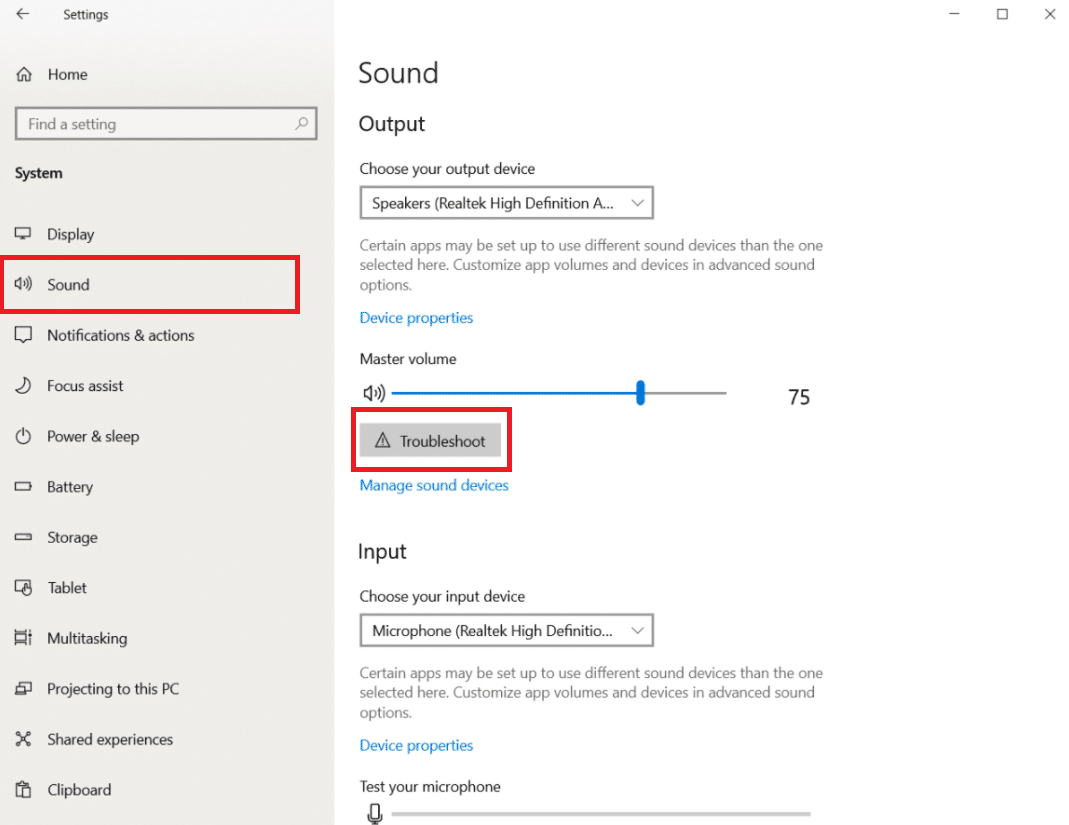 Opção de som nas configurações.